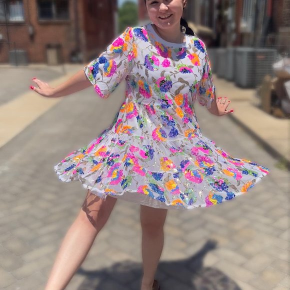 Why Dress Multi Floral Sequin Babydoll Dress - Picture 3 of 3